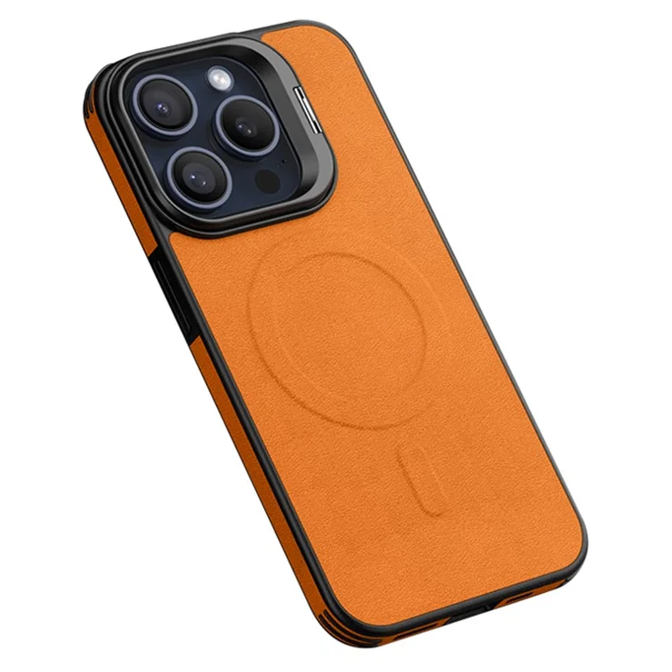 For iPhone 15 Pro Magnetic Case with Lens Kickstand Leather Phone Back Cover - Orange