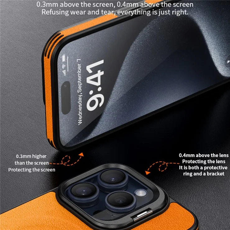 For iPhone 15 Pro Magnetic Case with Lens Kickstand Leather Phone Back Cover - Black