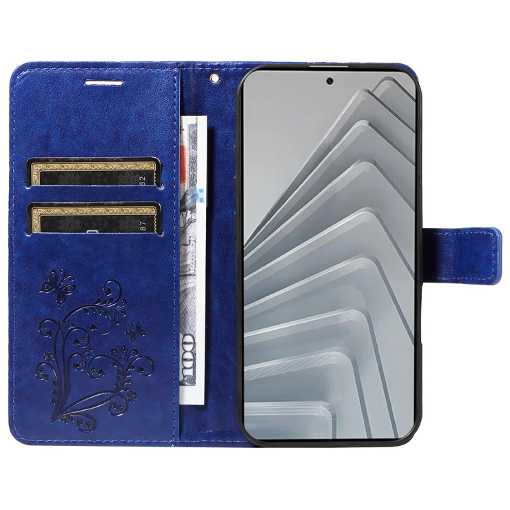 For Xiaomi Redmi Note 14 4G (163.25x76.55x8.16mm) Wallet Case Floral Butterfly Imprinted Leather Phone Cover Stand - Blue