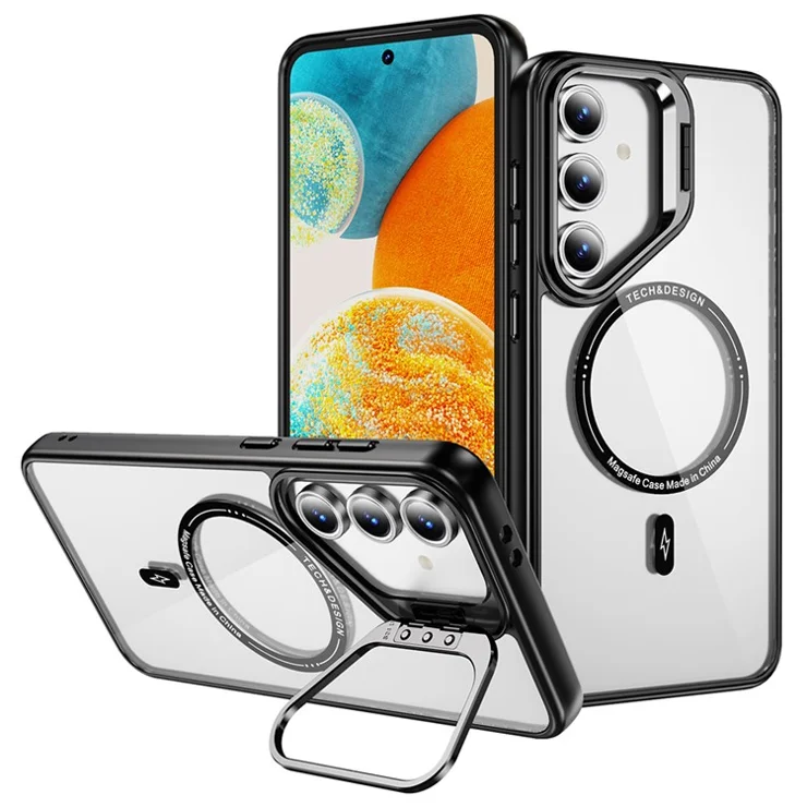 For Samsung Galaxy S24 FE Case Kickstand Clear Phone Back Cover Compatible with MagSafe - Black