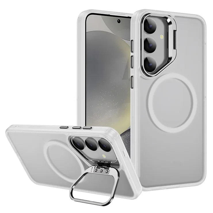 For Samsung Galaxy S24 Magnetic Case with Lens Kickstand Skin-Touch PC + TPU Phone Cover - Transparent