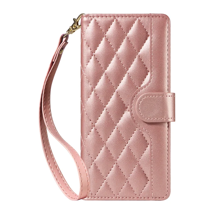 For Xiaomi Redmi Note 14 4G (163.25x76.55x8.16mm) Wallet Case Rhombus Leather Phone Cover with Strap - Rose Gold