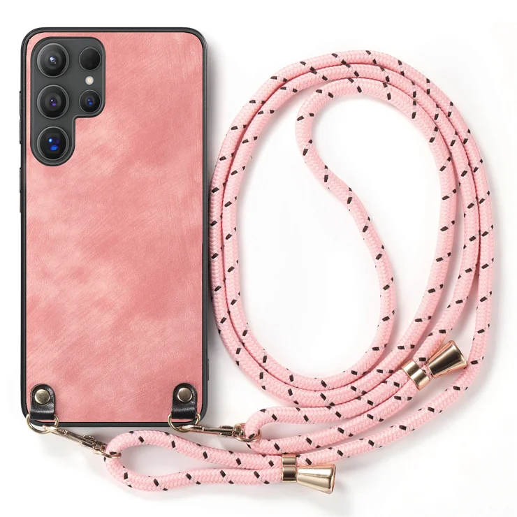 For Samsung Galaxy S25 Ultra Retro Leather Phone Back Cover with Adjustable Strap - Pink