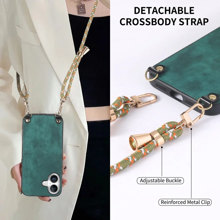 For iPhone 16 Retro Leather Phone Back Cover with Adjustable Strap - Green