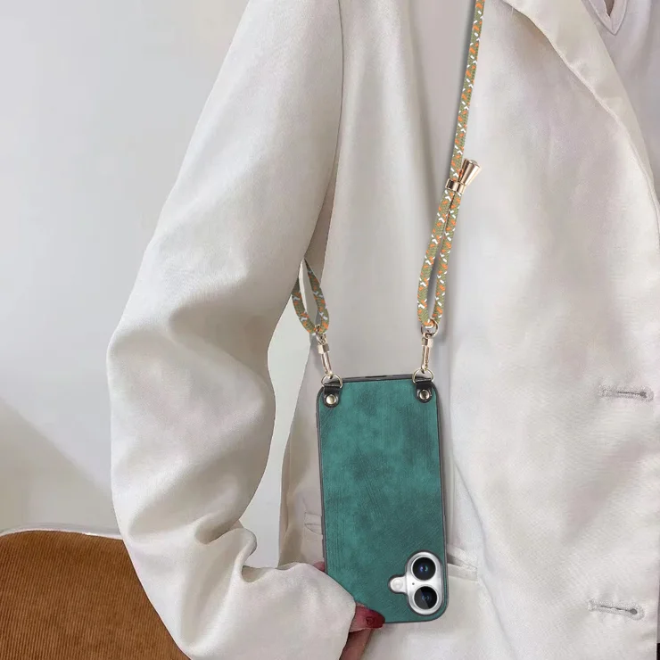 For iPhone 16 Retro Leather Phone Back Cover with Adjustable Strap - Green