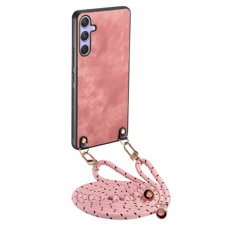 For Samsung Galaxy A15 4G / Galaxy A15 5G Retro Leather Phone Back Cover with Adjustable Strap - Pink