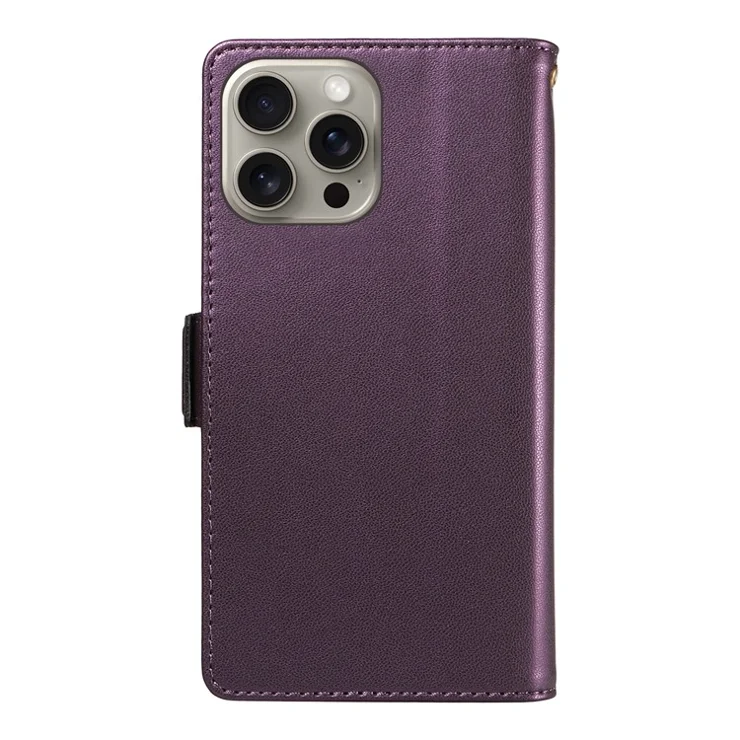 For iPhone 15 Pro Max Case with Multi-Card Holder and Strap PU Leather Phone Cover Stand - Purple