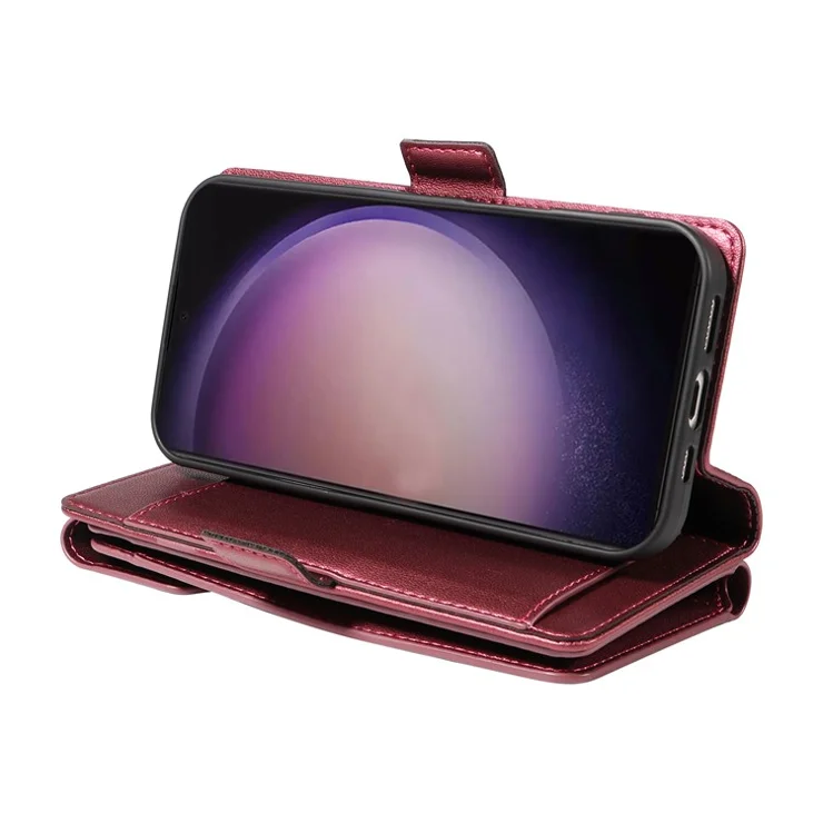 For Samsung Galaxy S24 Ultra Case with Multi-Card Holder and Strap PU Leather Phone Cover Stand - Wine Red