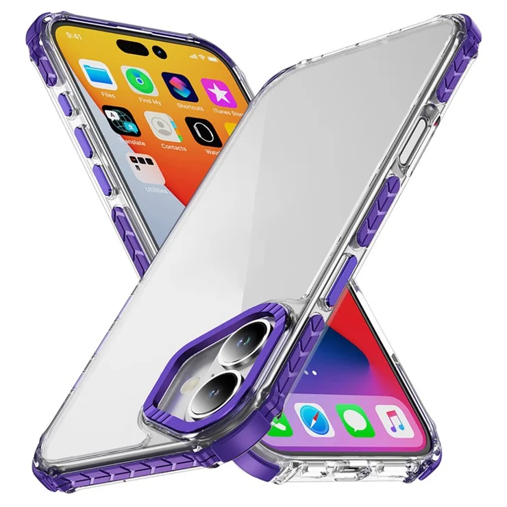 For iPhone 16 Crystal Clear Case Airbag Anti Drop TPU + PC Phone Back Cover - Purple