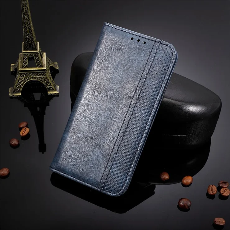 For Xiaomi Poco M4 5G Retro Texture Wallet Flip Phone Case PU Leather Imprinted Pattern Magnetic Absorption Magnetic Auto-absorbed Stand Cover - Blue
