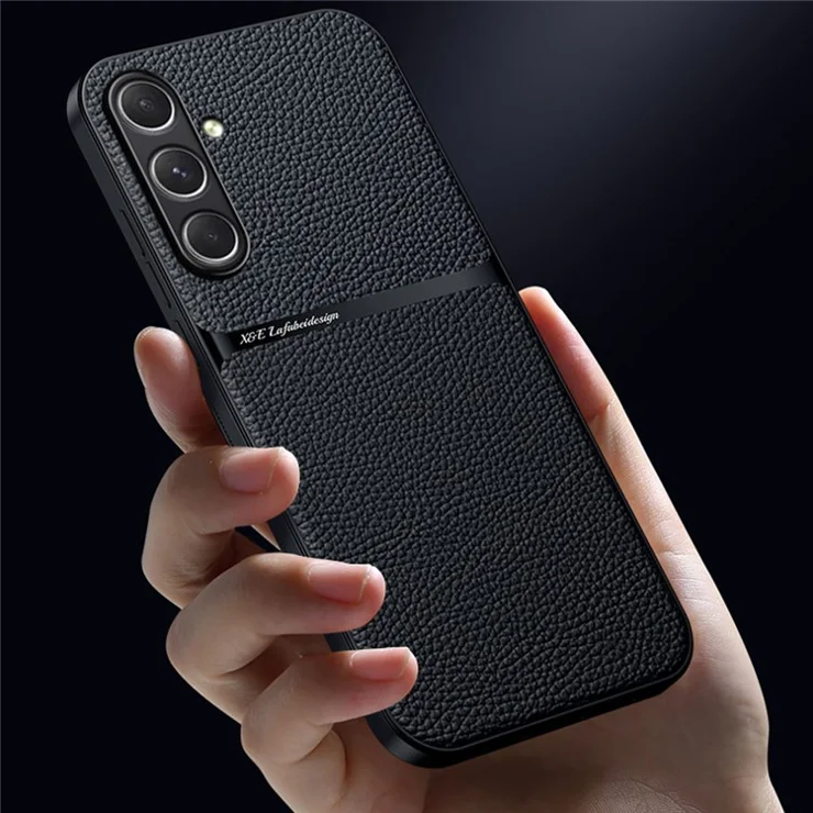 For Samsung Galaxy S25 Case Compatible with MagSafe Litchi Texture Slim Soft TPU + PU Leather Phone Cover - Black
