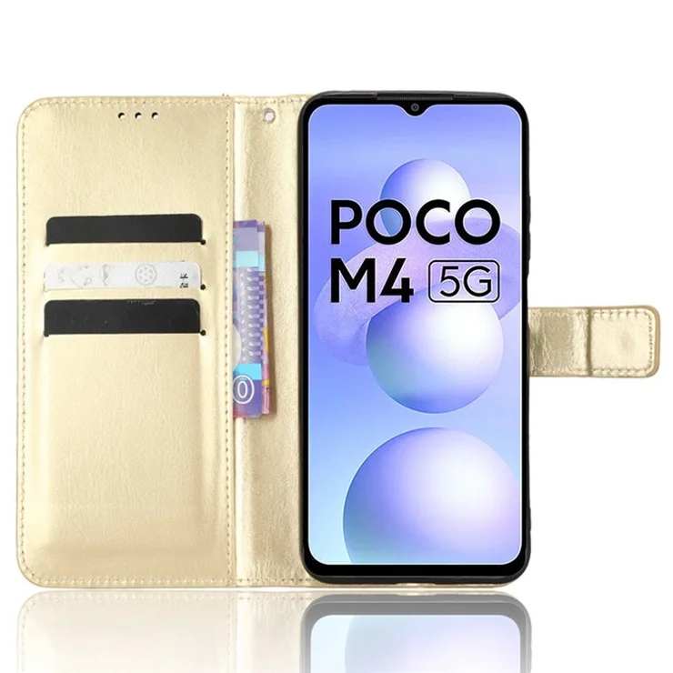 For Xiaomi Poco M4 5G Crazy Horse Texture Wallet Phone Case Magnetic Protect PU Leather Flip Stand Cover - Gold