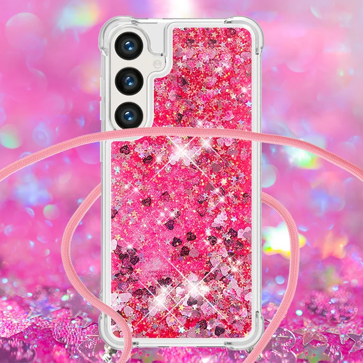 For Samsung Galaxy S24 / Galaxy S25 TPU Case Quicksand Design Phone Cover with Lanyard - Pink / Hearts