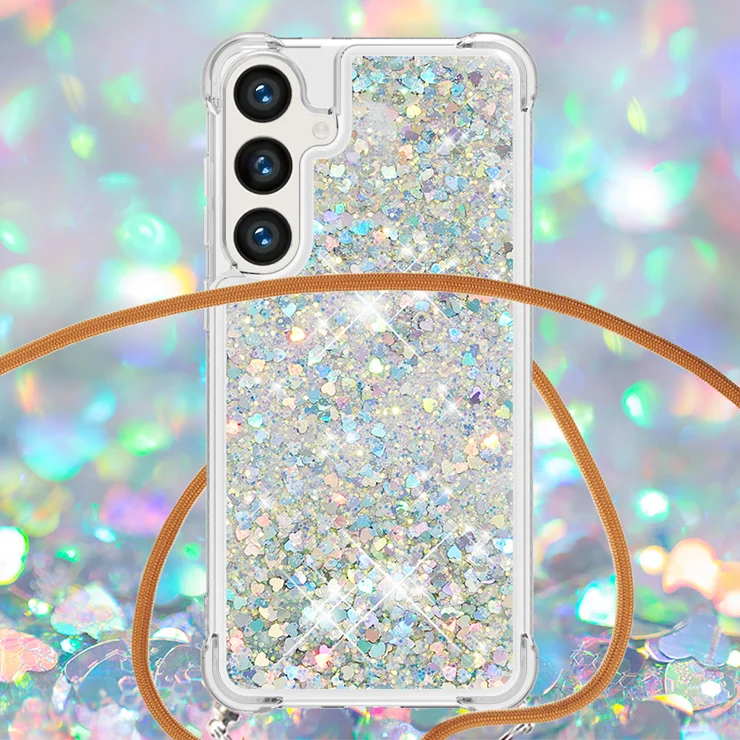 For Samsung Galaxy S24 / Galaxy S25 TPU Case Quicksand Design Phone Cover with Lanyard - Silver / Hearts