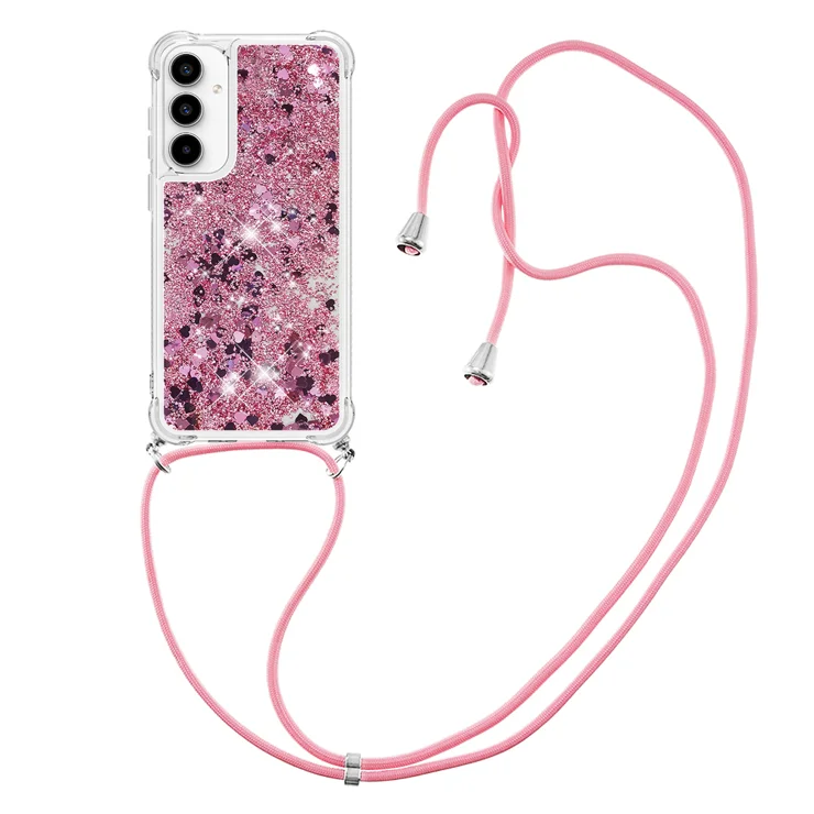 For Samsung Galaxy A56 5G TPU Case Quicksand Design Phone Cover with Lanyard - Rose Gold / Hearts