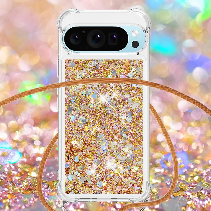 For Google Pixel 9 TPU Case Quicksand Design Phone Cover with Lanyard - Gold / Hearts