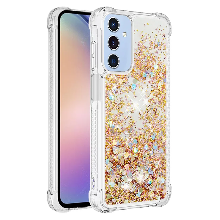 For Samsung Galaxy A26 5G TPU Case Glitter Quicksand Shockproof Phone Back Cover - Gold / Hearts