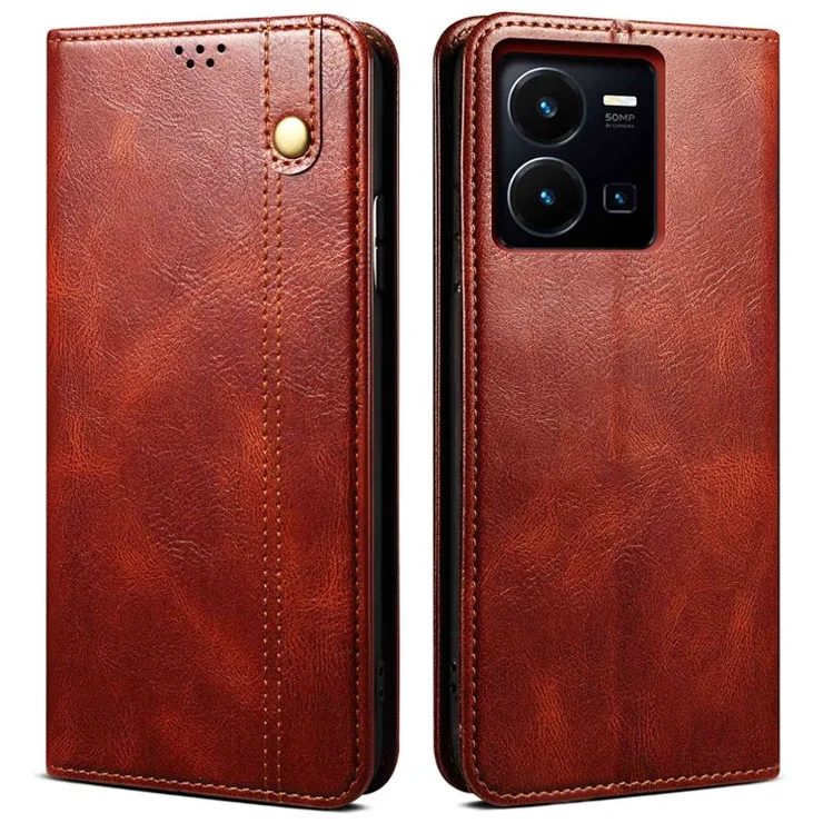For vivo Y35 4G (2022) / Y22 4G / Y22s 4G Wallet Phone Case Shockproof Folio Flip Cover Waxy Crazy Horse Texture Magnetic Auto-absorbed Leather Case TPU Inner Shell with Stand - Brown