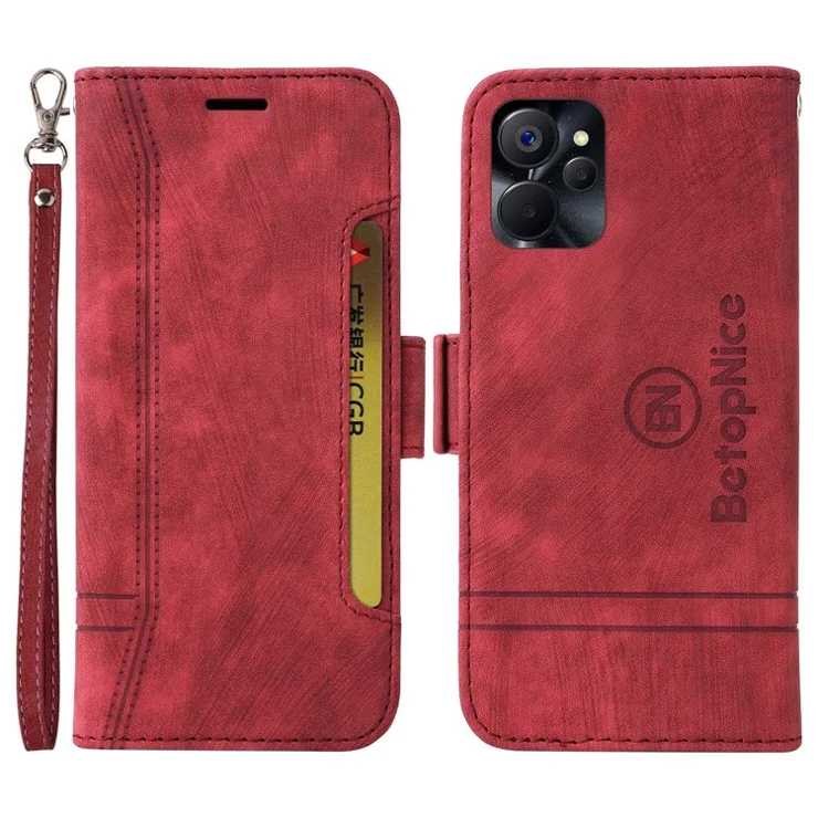 BETOPNICE 001 Anti-drop Phone Cover For Realme 9i 5G / 10 5G / V20 5G, Imprinted Stitching Line PU Leather + TPU Phone Case Stand Wallet with Strap - Red