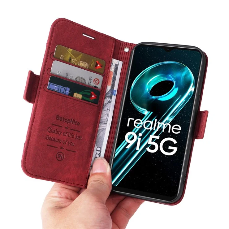 BETOPNICE 001 Anti-drop Phone Cover For Realme 9i 5G / 10 5G / V20 5G, Imprinted Stitching Line PU Leather + TPU Phone Case Stand Wallet with Strap - Red