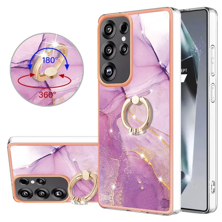 For Samsung Galaxy S25 Ultra Case with Ring Kickstand Marble Pattern Electroplating TPU Back Cover - Purple 001