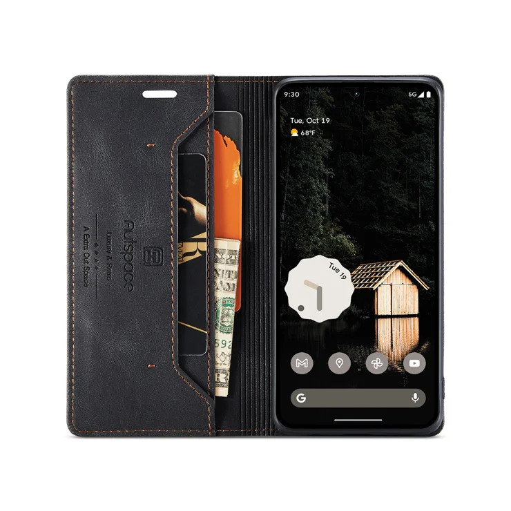 For Google Pixel 9 Pro XL Wallet Case AUTSPACE A01 Leather Stand Cover with RFID Blocking Card Holder - Black