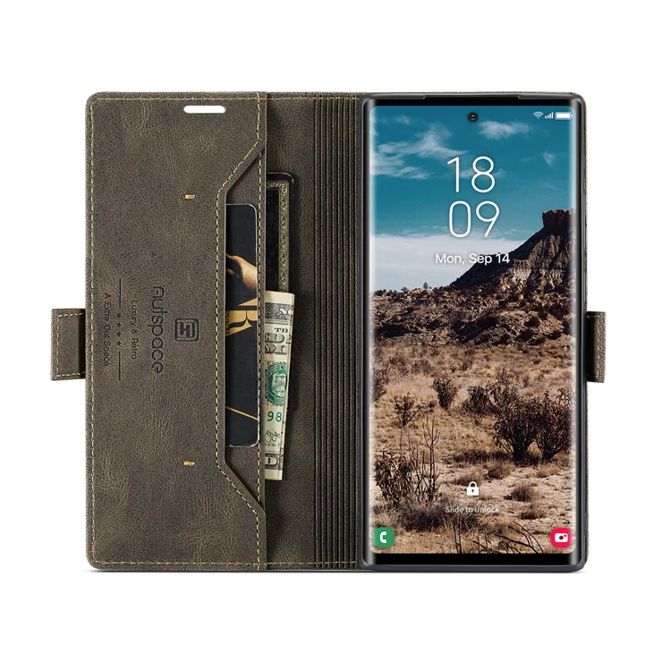 For Samsung Galaxy S24 Ultra Wallet Case AUTSPACE A01 Leather Stand Cover with RFID Blocking Card Holder - Coffee