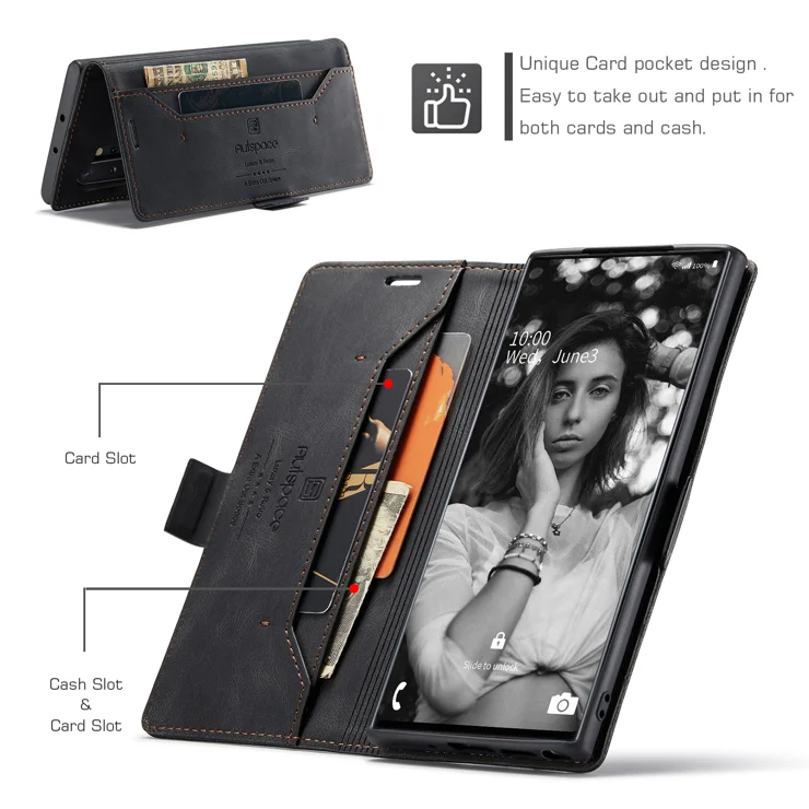 For Samsung Galaxy Note 10 Plus 4G Wallet Case AUTSPACE A01 Leather Stand Cover with RFID Blocking Card Holder - Black