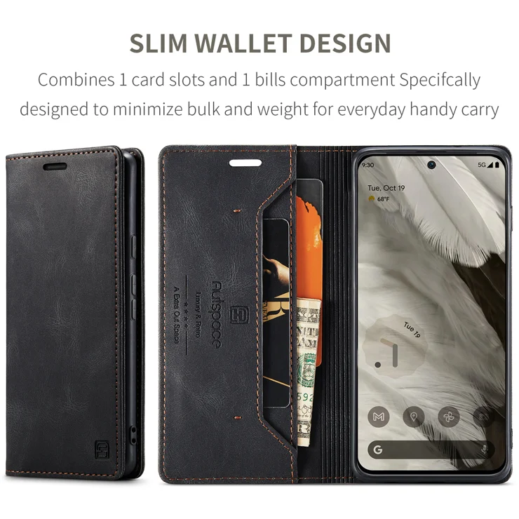 For Google Pixel 8 Wallet Case AUTSPACE A01 Leather Stand Cover with RFID Blocking Card Holder - Black