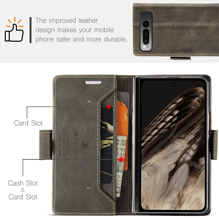 For Google Pixel Fold Wallet Case AUTSPACE A01 Leather Stand Cover with RFID Blocking Card Holder - Coffee