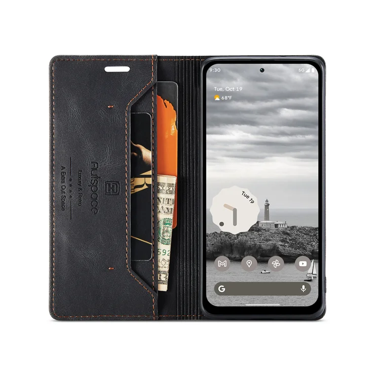 For Google Pixel 8a Wallet Case AUTSPACE A01 Leather Stand Cover with RFID Blocking Card Holder - Black