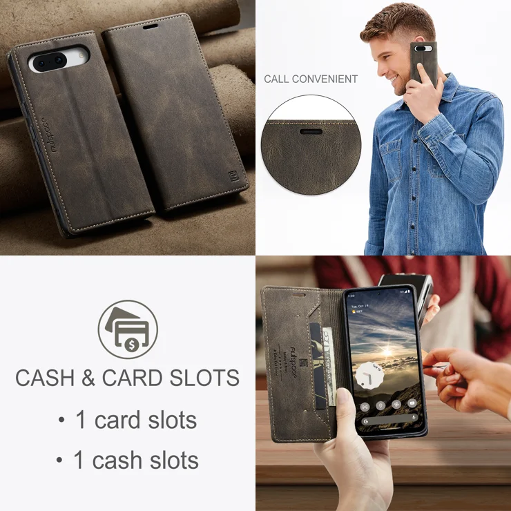 For Google Pixel 8a Wallet Case AUTSPACE A01 Leather Stand Cover with RFID Blocking Card Holder - Coffee