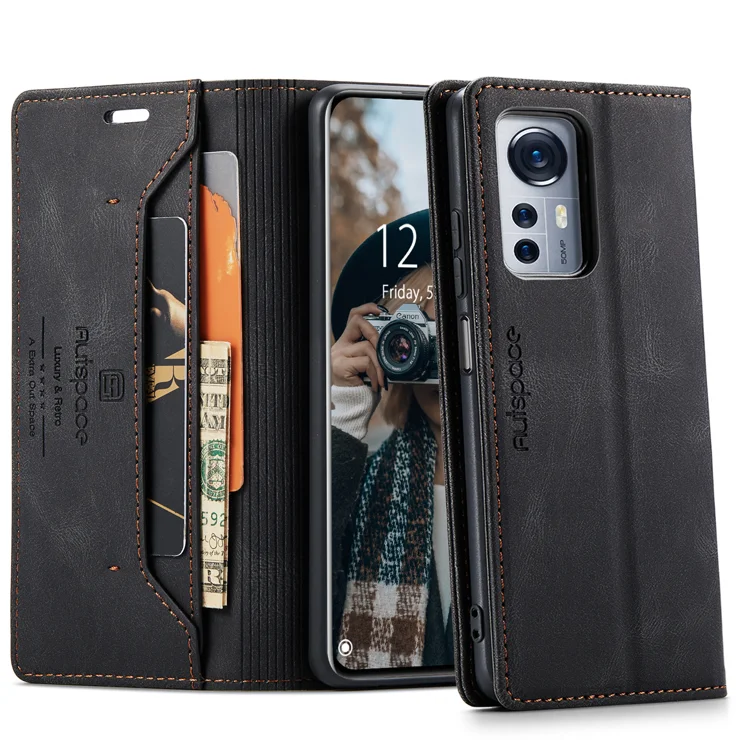 For Xiaomi 12X 5G / Xiaomi 12S 5G / Xiaomi 12 5G Wallet Case AUTSPACE A01 Leather Stand Cover with RFID Blocking Card Holder - Black