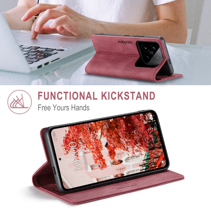 For Xiaomi 14 Pro Wallet Case AUTSPACE A01 Leather Stand Cover with RFID Blocking Card Holder - Red