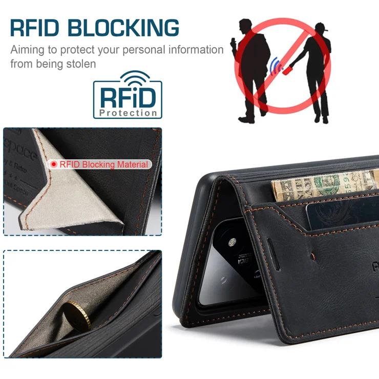 For Xiaomi 14 Wallet Case AUTSPACE A01 Leather Stand Cover with RFID Blocking Card Holder - Black