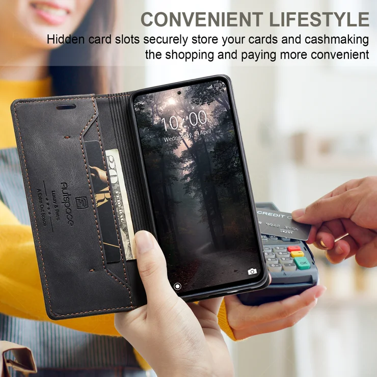 For Xiaomi 14 Wallet Case AUTSPACE A01 Leather Stand Cover with RFID Blocking Card Holder - Black