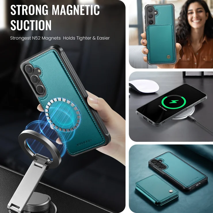 For Samsung Galaxy S25 Case JEEHOOD J05 Leather Mobile Cover with Detachable Magnetic Card Bag - Blue
