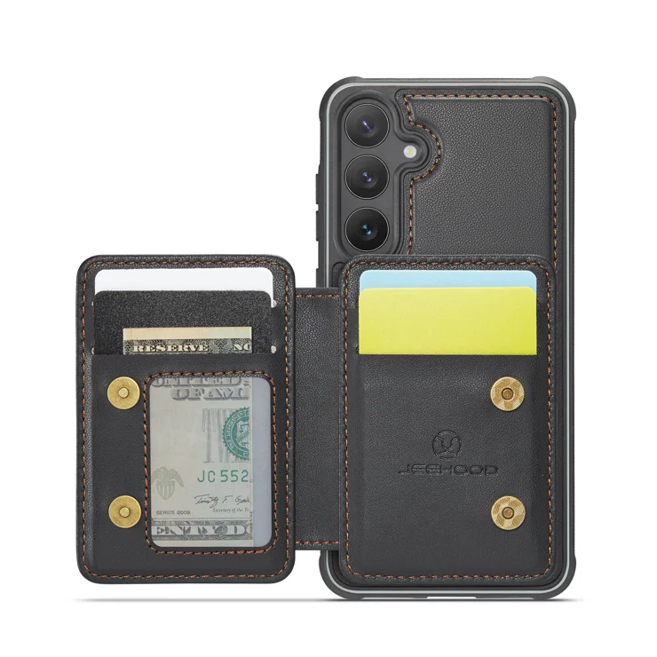 For Samsung Galaxy S25+ Case JEEHOOD J05 Leather Mobile Cover with Detachable Magnetic Card Bag - Black