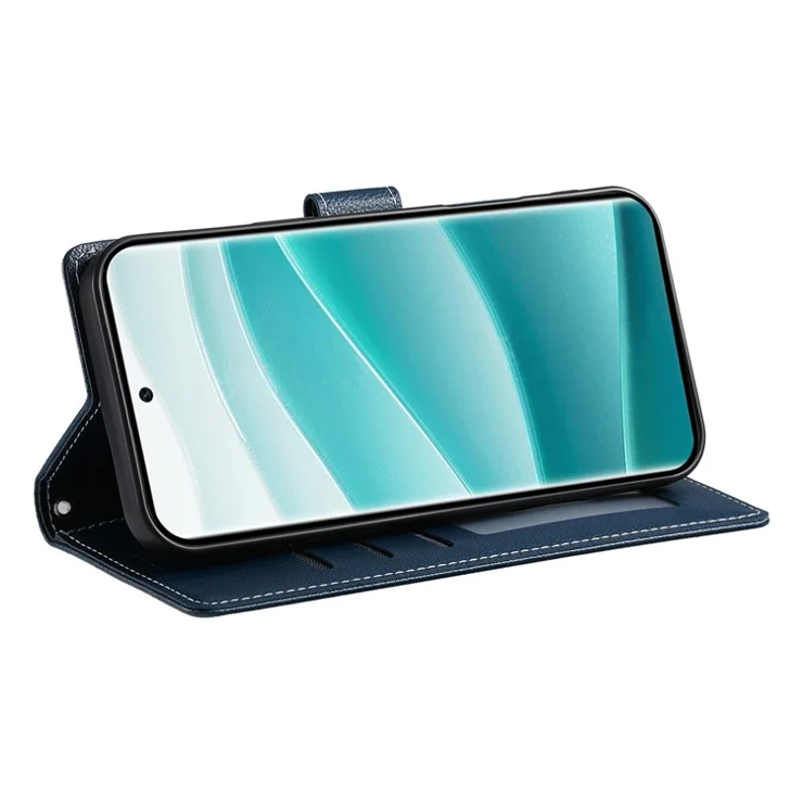 DF-012 Phone Cover for Xiaomi Redmi 14C 4G / 14R 5G / Poco C75 4G Case Litchi Texture Leather Magnetic Clasp Stand Wallet - Dark Blue