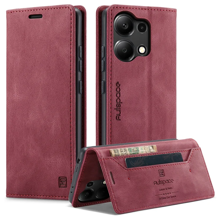 For Xiaomi Redmi Note 13 Pro 4G Wallet Case AUTSPACE A01 Leather Stand Cover with RFID Blocking Card Holder - Red