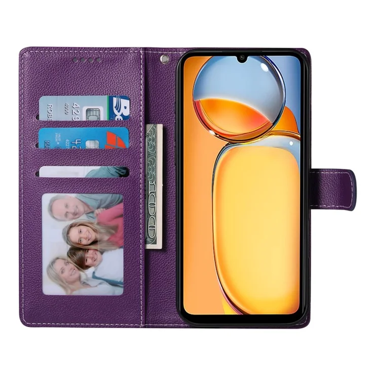 Phone Case For Xiaomi Redmi 13C 4G / 5G / 13C 5G / Poco C65 4G / M6 5G Litchi Texture Leather Wallet Cover Magnetic Snap - Purple