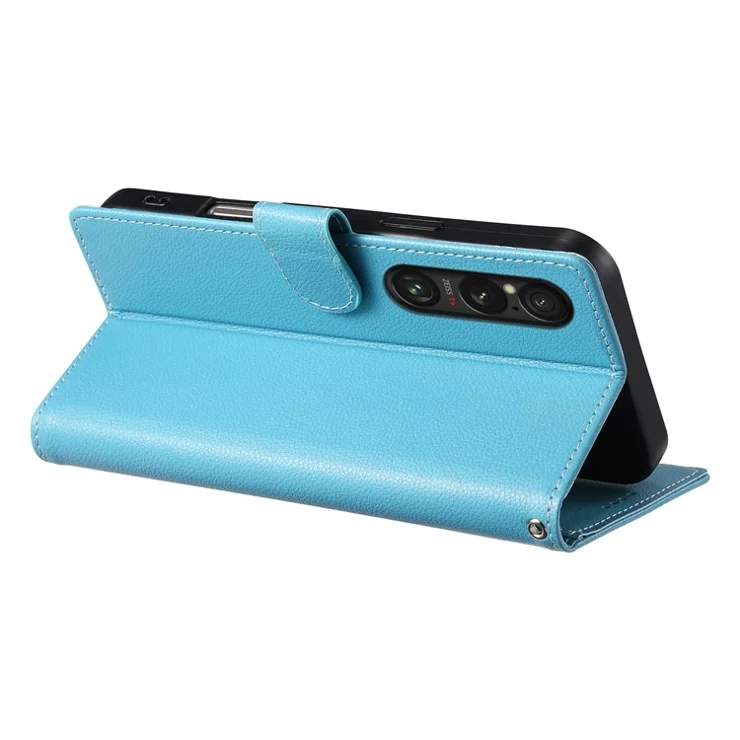 DF-012 For Sony Xperia 1 VI Case Litchi Texture Leather Magnetic Clasp Wallet Stand Phone Cover - Sky Blue