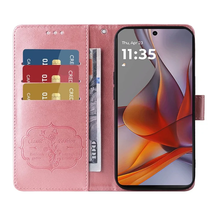 Phone Case For Motorola Edge 50 Neo 5G / Moto S50 5G / ThinkPhone 25 5G Wallet Stand Butterfly Floral Imprint Leather Cover - Pink