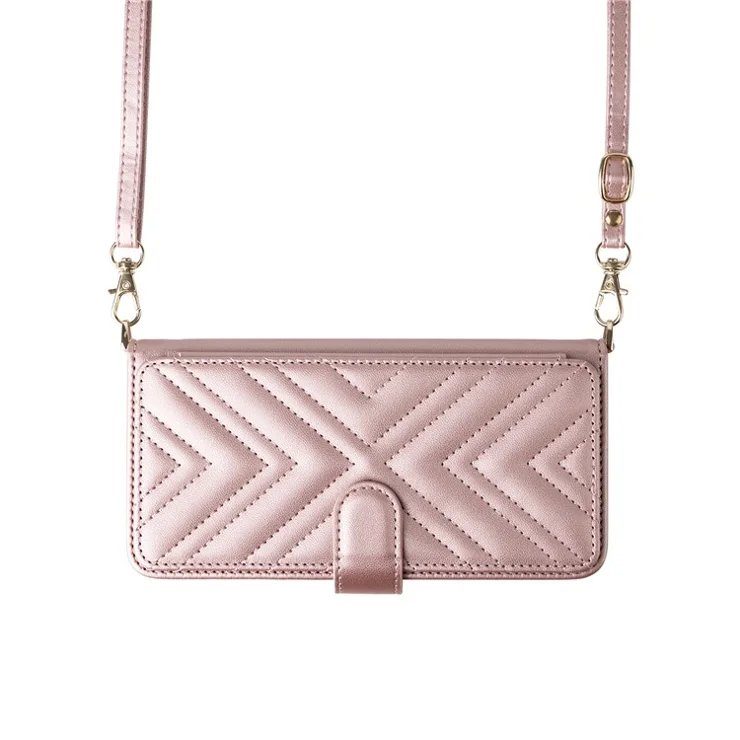For Samsung Galaxy S24+ Wallet Case with Shoulder / Wrist Strap Leather Phone Cover Stand - Pink