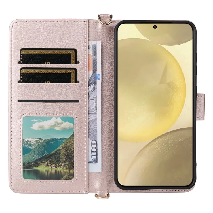For Samsung Galaxy S24+ Wallet Case with Shoulder / Wrist Strap Leather Phone Cover Stand - Pink