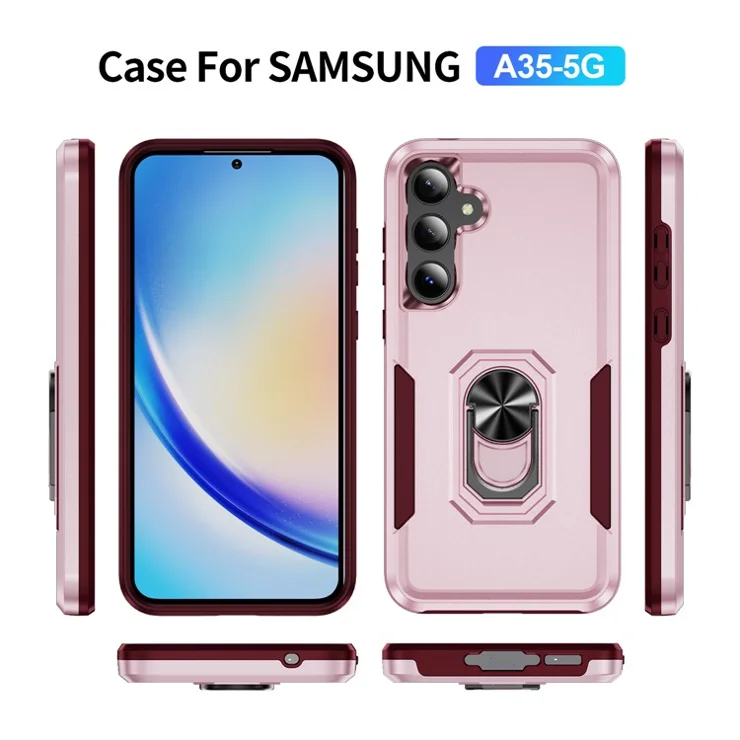 For Samsung Galaxy A55 5G / A35 5G Case Military Grade Ring Kickstand PC + TPU Phone Cover - Pink / Rose