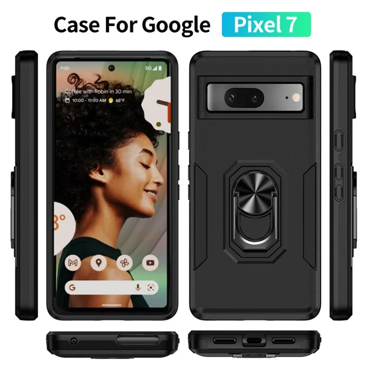 For Google Pixel 7 5G Case Military Grade Ring Kickstand PC+TPU Phone Cover - Black