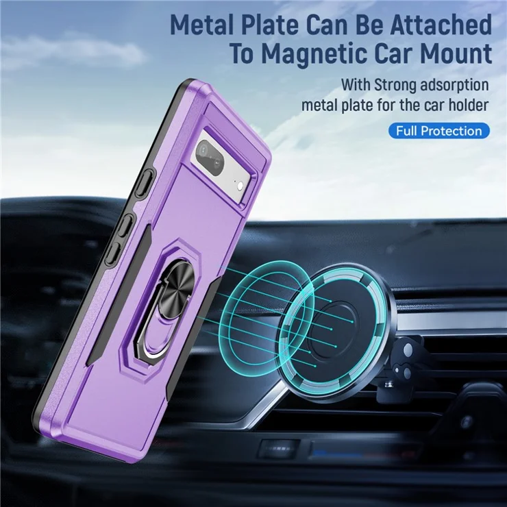 For Google Pixel 7a Case Military Grade Ring Kickstand PC + TPU Phone Cover - Purple / Black