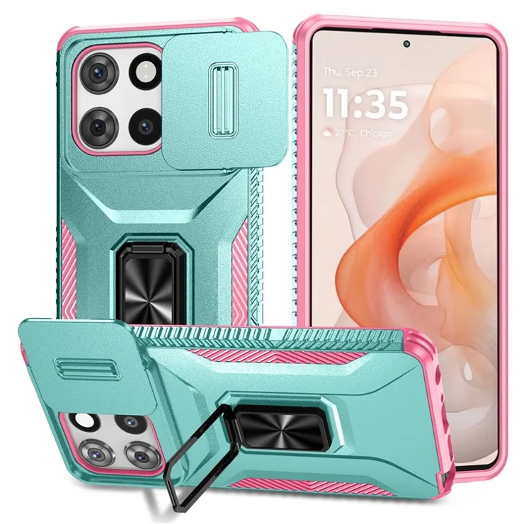 For Motorola Moto G Stylus 5G (2025) Case Camshield Kickstand TPU + PC Anti-Slip Phone Cover - Grey Green+Pink
