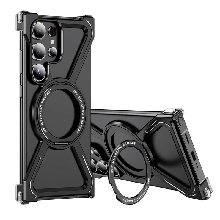 For Samsung Galaxy S23 Ultra Case Military Grade Anti Drop Rotating Kickstand Titanium Alloy Bumper Phone Cover - Black